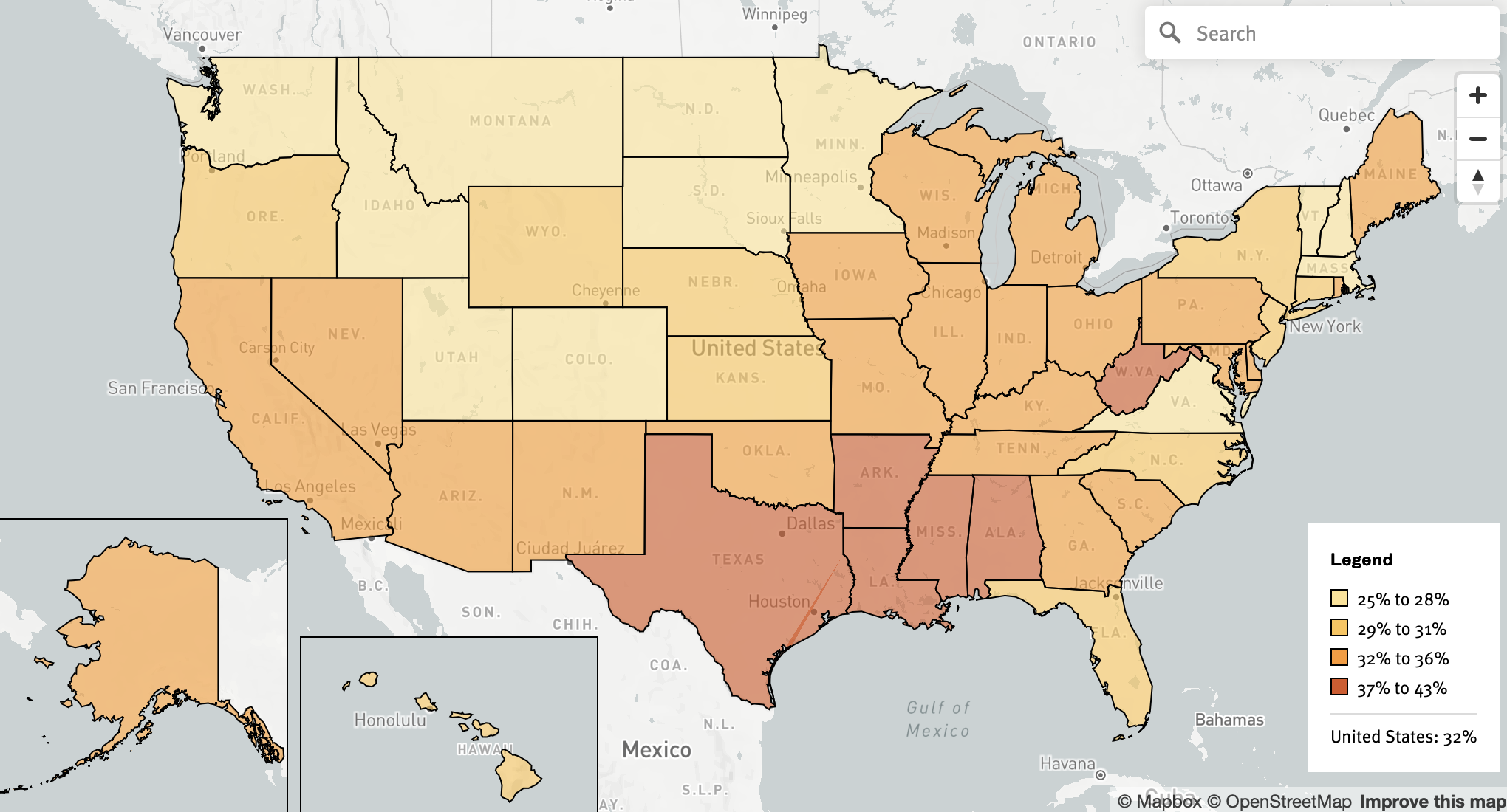 U.S. map showing the share of children and teens ages 10–17 who are overweight or obese, 2022–2023.