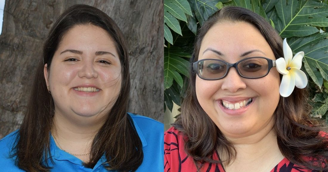 The image depicts side-by-side headshots of two young women, both smiling: the one on the left is brunette and wearing a blue shirt; on the right, is a young Brown woman wearing glasses and a red shirt. A flower is nestled behind her ear.