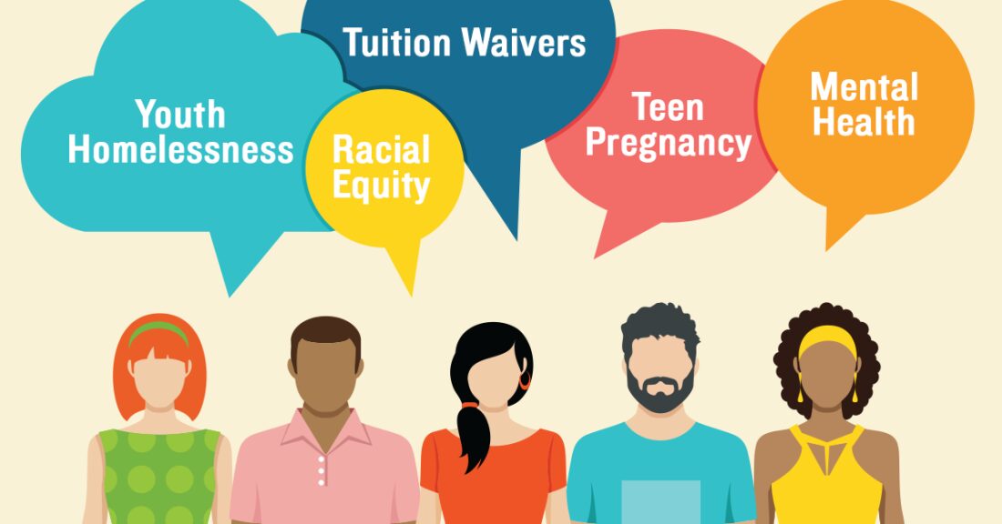 The image is an illustrated graphic depicting five young adults of varying ethnic backgrounds. Above their heads are colorful thought bubbles containing the terms: youth homelessness, racial equity, tuition waivers, teen pregnancy and mental health.