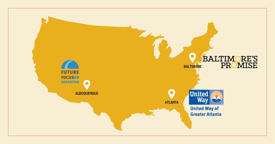 A yellow map of the united states showing where the three new Thrive by 25 investments are located.