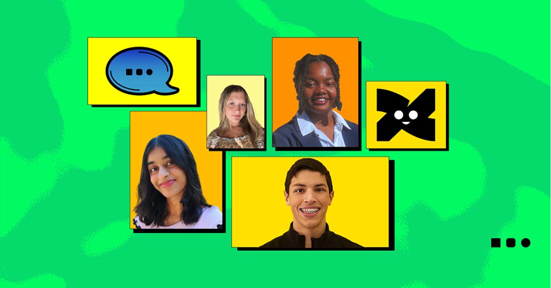 four young people of color, framed in boxes against a green background