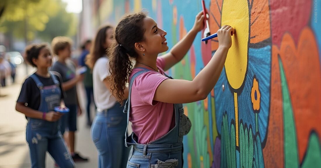In the foreground: A young woman adds color to an outdoor mural. In the background: Other young people look at and work on the mural as they chat with each other.