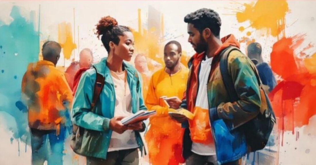 A colorful rendering of two young people, a young man and a young woman, talking in the school hallway. Both have a bookbag slung over one shoulder and there are more people, abstractly rendered, in the background.