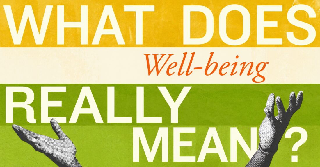A laptop displays a colorful graphic that asks, “What does well-being really mean?” inside a classroom.