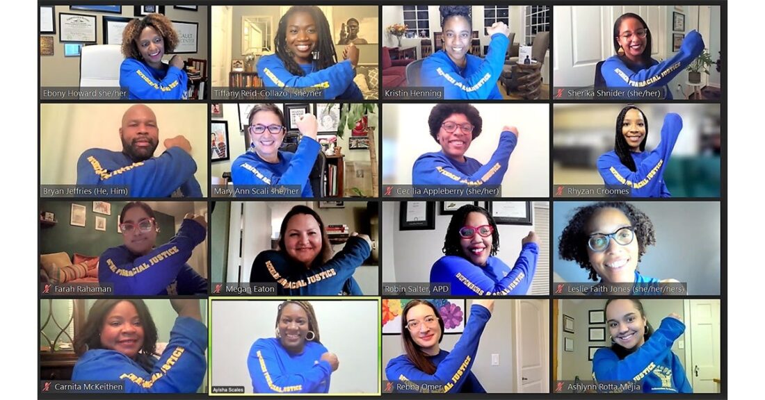 16 individuals, each in their own visual block, looking at the camera and smiling while wearing matching shirts