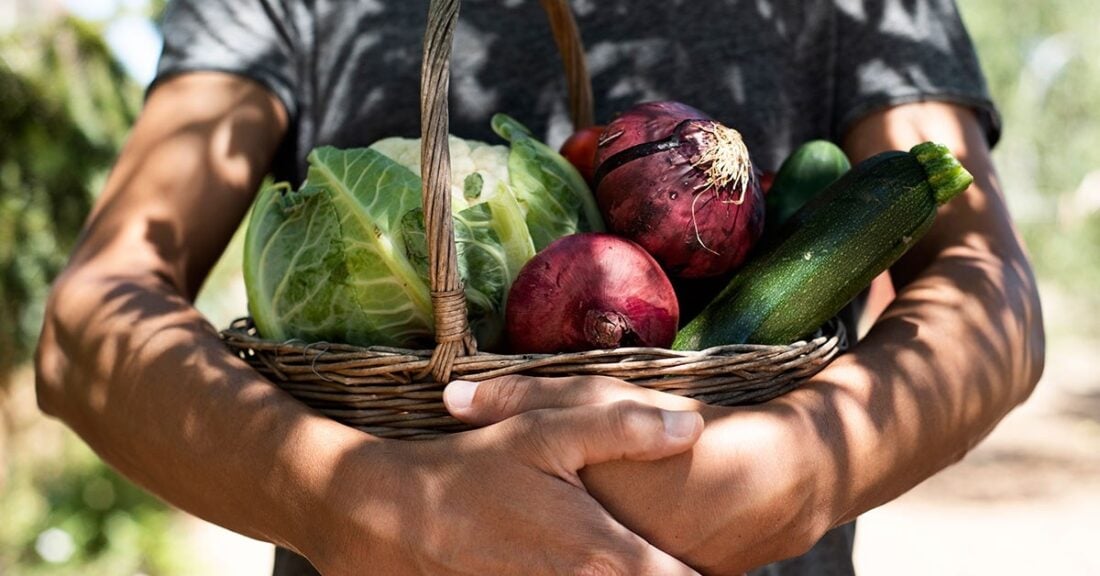 Man holds basket of fresh vegetables from a community garden