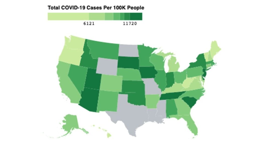 Map of America, with states colored differently according to their concentration of COVID-19 cases.