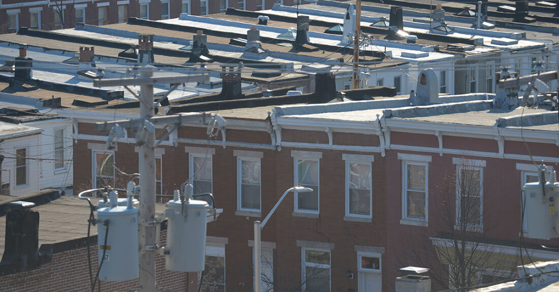 Blocks of row homes in a Baltimore neighborhood