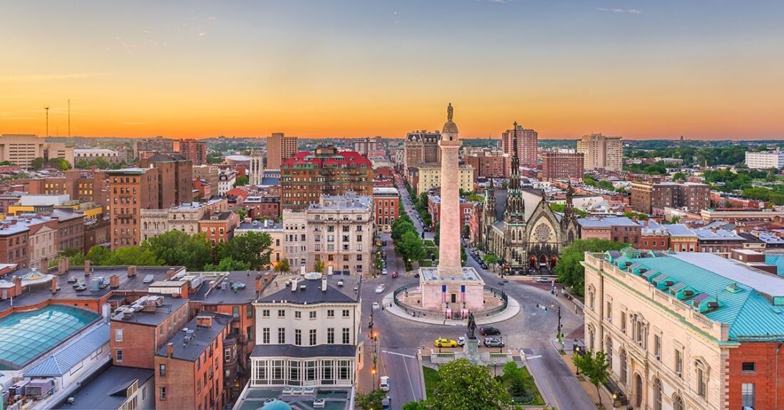 An aerial shot of downtown Baltimore City