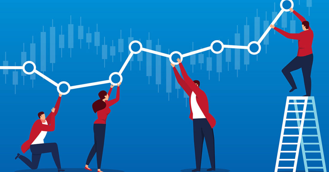 Illustration of people working together to improve a trend line.