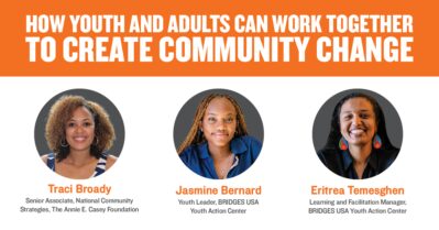 A promotional graphic featuring the title of the Instagram Live Conversation: “How Youth and Adults Can Work Together to Create Community Change.” Underneath, the three speakers are listed: Tracey Broady, Senior Associate, National Community Strategies, The Annie E. Casey Foundation; Jasmine Bernard, Youth Leaders, BRIDGES USA Youth Action Center; Eritrea Temesghen, Learning and Facilitation Manager, BRIDGES USA Youth Action Center.