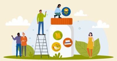 Illustration of people around a giant wellness bottle with icons for yoga, happiness, reading and care.