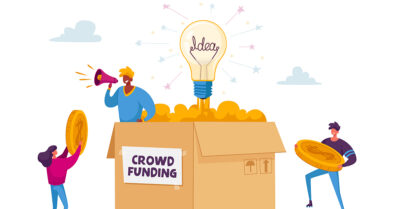 Graphi image of a box with an idea bulb coming out of it and a label tht says "crowd funding." People are approaching the box holding coins.