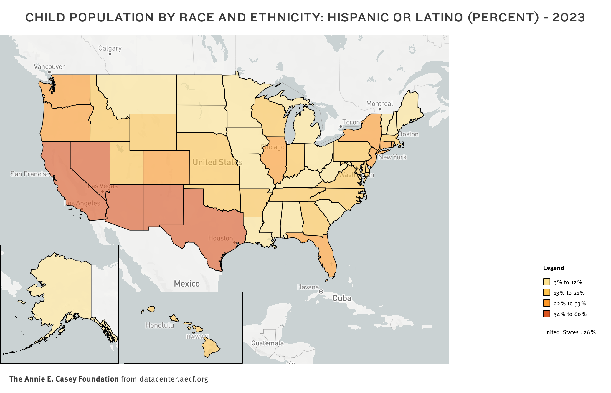 Share of Hispanic and Latino kids by state, 2023