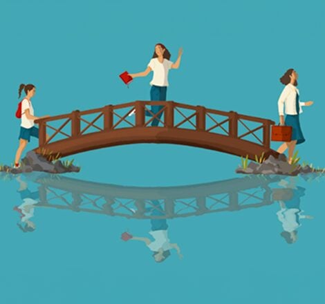 Thrive book cover image  — illustration of three women crossing a wooden bridge over water, each moving in a different direction, symbolizing different life paths or transitions.