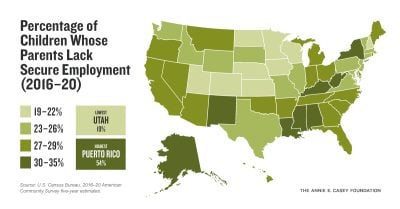 按州划分，父母没有稳定工作的孩子的百分比