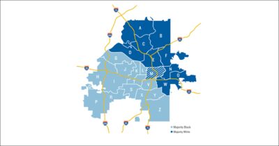 A map that shows Atlanta's areas by population (Black and white) majority.