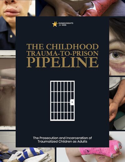 A series of images of kids with visible injuries behind a box of text reading "the childhood trauma-to-prison pipeline."